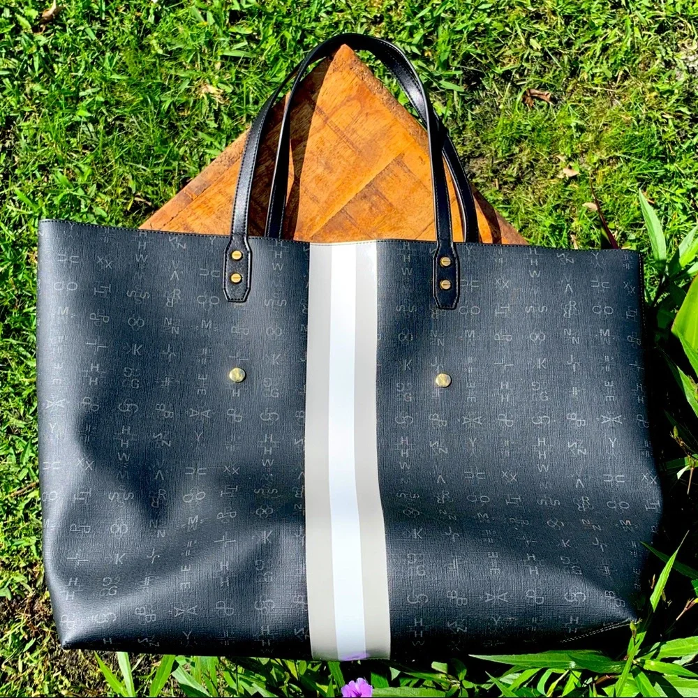 India Hicks Black Tote with White and Light Gray Center Stripe